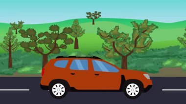 Yolda çalışan otomobil, arka planda doğa alanları ve ağaçlar olan 2d çizgi film animasyonu