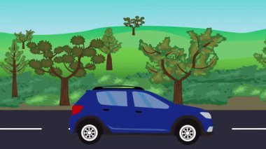 Yolda çalışan otomobil, arka planda doğa alanları ve ağaçlar olan 2d çizgi film animasyonu