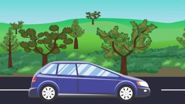 Yolda çalışan otomobil, arka planda doğa alanları ve ağaçlar olan 2d çizgi film animasyonu