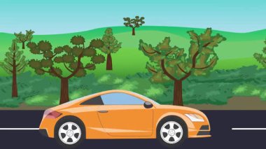 Yolda çalışan otomobil, arka planda doğa alanları ve ağaçlar olan 2d çizgi film animasyonu