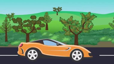 Yolda çalışan otomobil, arka planda doğa alanları ve ağaçlar olan 2d çizgi film animasyonu
