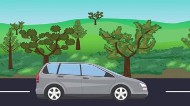 Yolda çalışan otomobil, arka planda doğa alanları ve ağaçlar olan 2d çizgi film animasyonu