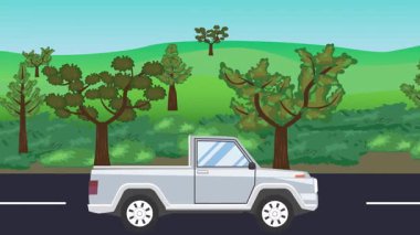 Yolda çalışan otomobil, arka planda doğa alanları ve ağaçlar olan 2d çizgi film animasyonu