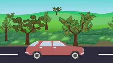 Yolda çalışan otomobil, arka planda doğa alanları ve ağaçlar olan 2d çizgi film animasyonu