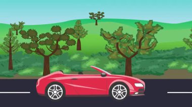 Yolda çalışan otomobil, arka planda doğa alanları ve ağaçlar olan 2d çizgi film animasyonu