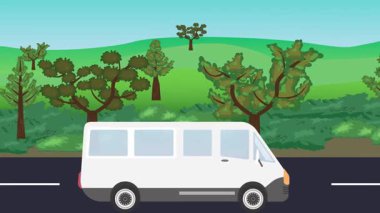 Yolda çalışan otomobil, arka planda doğa alanları ve ağaçlar olan 2d çizgi film animasyonu
