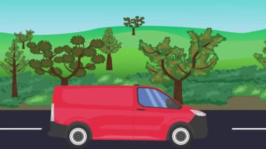 Yolda çalışan otomobil, arka planda doğa alanları ve ağaçlar olan 2d çizgi film animasyonu