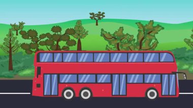 Yolda çalışan otomobil, arka planda doğa alanları ve ağaçlar olan 2d çizgi film animasyonu