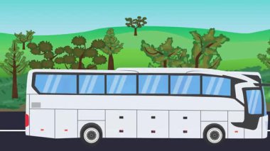 Yolda çalışan otomobil, arka planda doğa alanları ve ağaçlar olan 2d çizgi film animasyonu