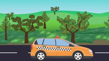 Yolda çalışan otomobil, arka planda doğa alanları ve ağaçlar olan 2d çizgi film animasyonu