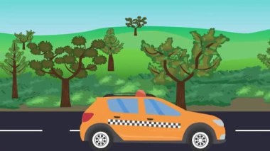 Yolda çalışan otomobil, arka planda doğa alanları ve ağaçlar olan 2d çizgi film animasyonu