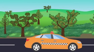 Yolda çalışan otomobil, arka planda doğa alanları ve ağaçlar olan 2d çizgi film animasyonu