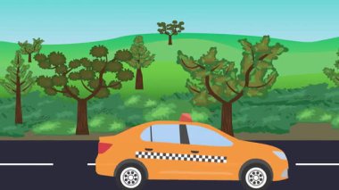 Yolda çalışan otomobil, arka planda doğa alanları ve ağaçlar olan 2d çizgi film animasyonu