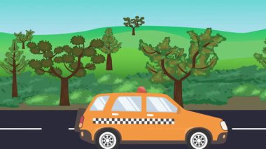 Yolda çalışan otomobil, arka planda doğa alanları ve ağaçlar olan 2d çizgi film animasyonu