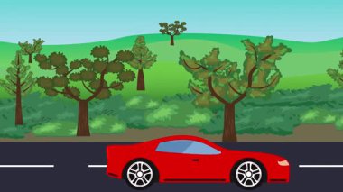 Yolda çalışan otomobil, arka planda doğa alanları ve ağaçlar olan 2d çizgi film animasyonu