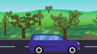 Yolda çalışan otomobil, arka planda doğa alanları ve ağaçlar olan 2d çizgi film animasyonu
