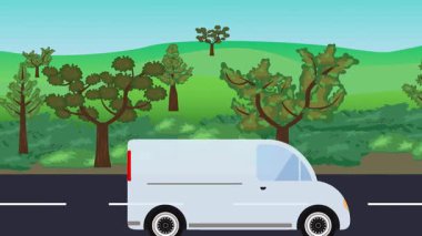 Yolda çalışan otomobil, arka planda doğa alanları ve ağaçlar olan 2d çizgi film animasyonu