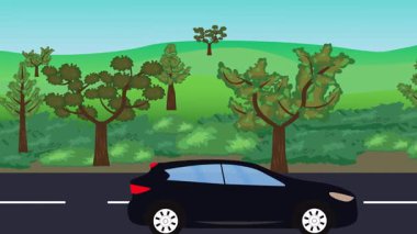 Yolda çalışan otomobil, arka planda doğa alanları ve ağaçlar olan 2d çizgi film animasyonu