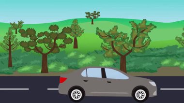 Yolda çalışan otomobil, arka planda doğa alanları ve ağaçlar olan 2d çizgi film animasyonu