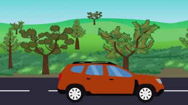 Yolda çalışan otomobil, arka planda doğa alanları ve ağaçlar olan 2d çizgi film animasyonu