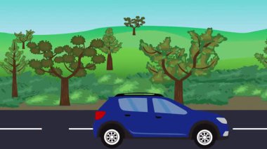 Yolda çalışan otomobil, arka planda doğa alanları ve ağaçlar olan 2d çizgi film animasyonu