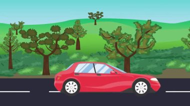 Yolda çalışan otomobil, arka planda doğa alanları ve ağaçlar olan 2d çizgi film animasyonu