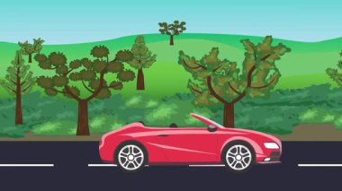 Yolda çalışan otomobil, arka planda doğa alanları ve ağaçlar olan 2d çizgi film animasyonu