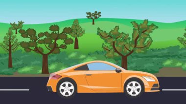 Yolda çalışan otomobil, arka planda doğa alanları ve ağaçlar olan 2d çizgi film animasyonu