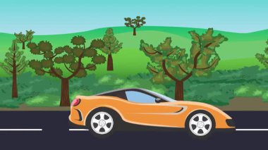 Yolda çalışan otomobil, arka planda doğa alanları ve ağaçlar olan 2d çizgi film animasyonu