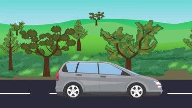 Yolda çalışan otomobil, arka planda doğa alanları ve ağaçlar olan 2d çizgi film animasyonu