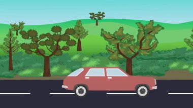 Yolda çalışan otomobil, arka planda doğa alanları ve ağaçlar olan 2d çizgi film animasyonu