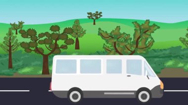 Yolda çalışan otomobil, arka planda doğa alanları ve ağaçlar olan 2d çizgi film animasyonu