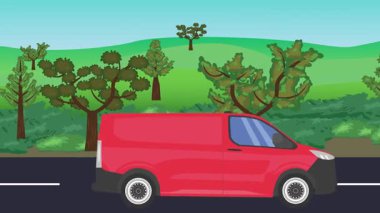 Yolda çalışan otomobil, arka planda doğa alanları ve ağaçlar olan 2d çizgi film animasyonu