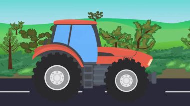 Yolda çalışan otomobil, arka planda doğa alanları ve ağaçlar olan 2d çizgi film animasyonu