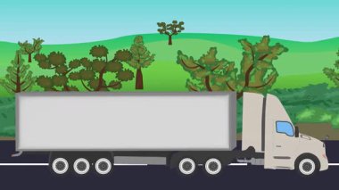 Yolda çalışan otomobil, arka planda doğa alanları ve ağaçlar olan 2d çizgi film animasyonu