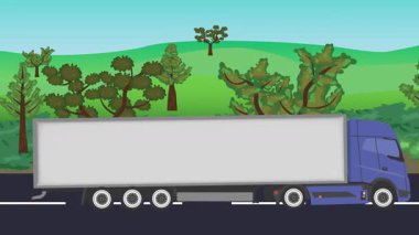 Yolda çalışan otomobil, arka planda doğa alanları ve ağaçlar olan 2d çizgi film animasyonu