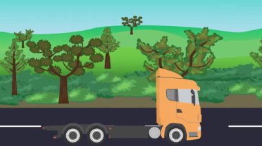 Yolda çalışan otomobil, arka planda doğa alanları ve ağaçlar olan 2d çizgi film animasyonu