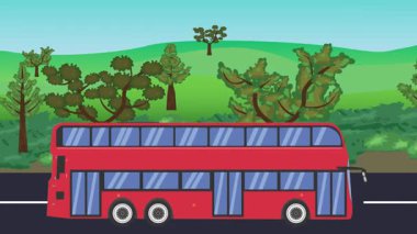 Yolda çalışan otomobil, arka planda doğa alanları ve ağaçlar olan 2d çizgi film animasyonu