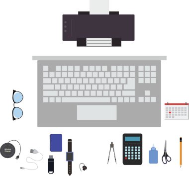 Çalışma alanı ofis araçları seti, temel grafik düz tasarım