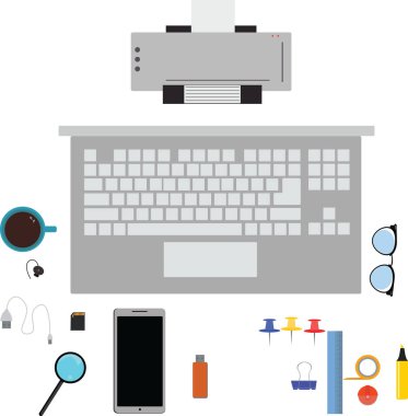 Çalışma alanı ofis araçları seti, temel grafik düz tasarım