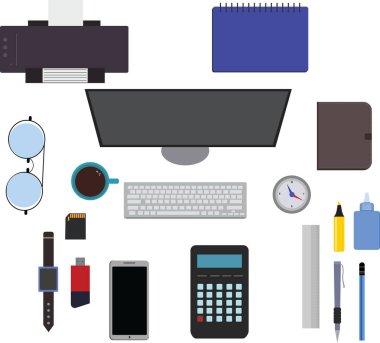 Çalışma alanı ofis araçları seti, temel grafik düz tasarım