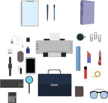 Çalışma alanı ofis araçları seti, temel grafik düz tasarım