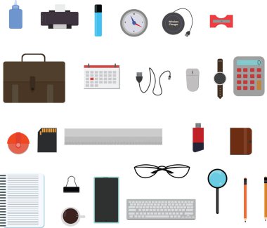 Çalışma alanı ofis araçları seti, temel grafik düz tasarım