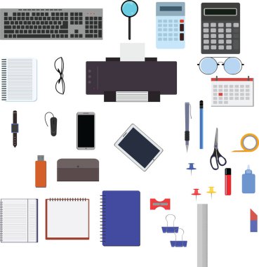 Çalışma alanı ofis araçları seti, temel grafik düz tasarım