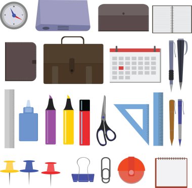 Çalışma alanı ofis araçları seti, temel grafik düz tasarım