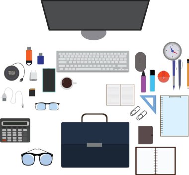 Çalışma alanı ofis araçları seti, temel grafik düz tasarım