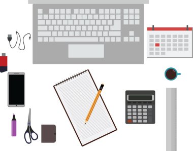 Çalışma alanı ofis araçları seti, temel grafik düz tasarım