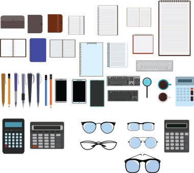 Çalışma alanı ofis araçları seti, temel grafik düz tasarım
