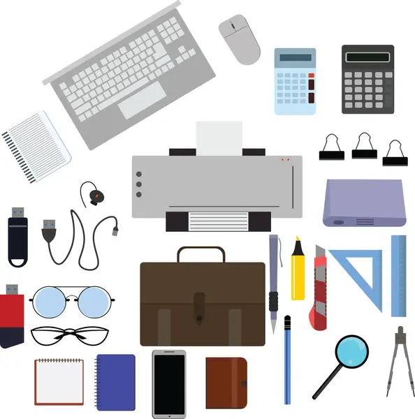 Çalışma alanı ofis araçları seti, temel grafik düz tasarım