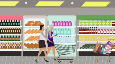 Hipermarkette yürüyen insanların çizgi film animasyonları, gıda ürünleri